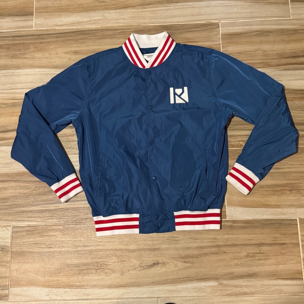 Routine Baseball Mens Blue Varsity Bomber Jacket Windbreaker Large Snap Front